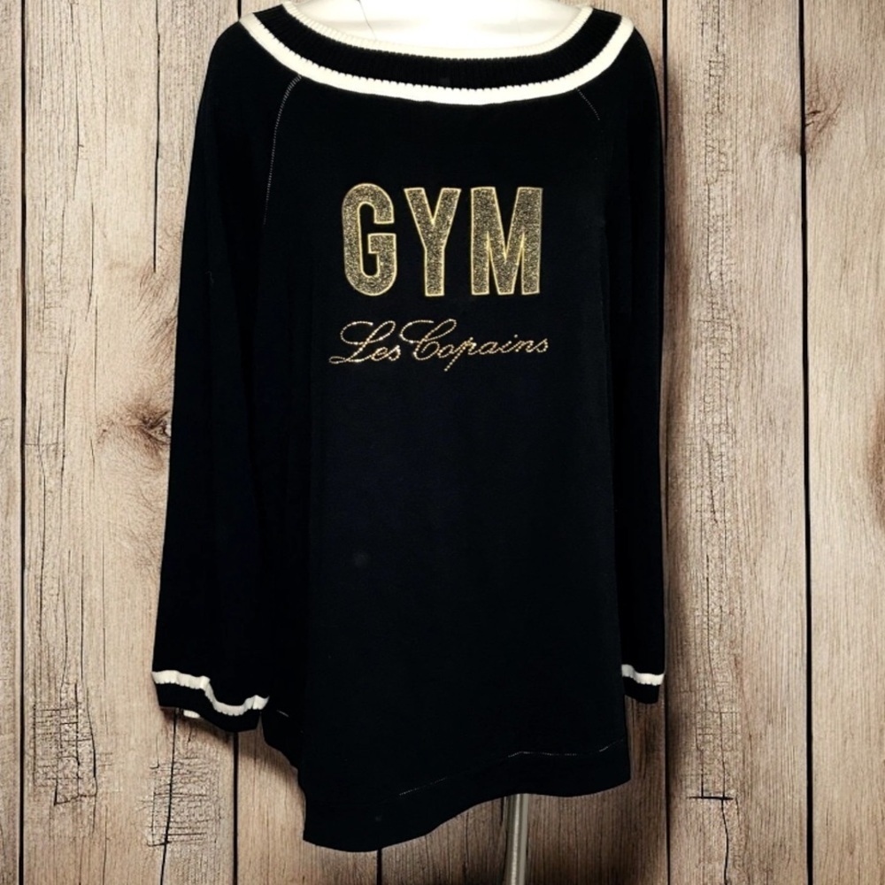 Les Copains Gym Black Knit Sweater Cotton Blend L Gold Embellished Logo Italy - Picture 11 of 11